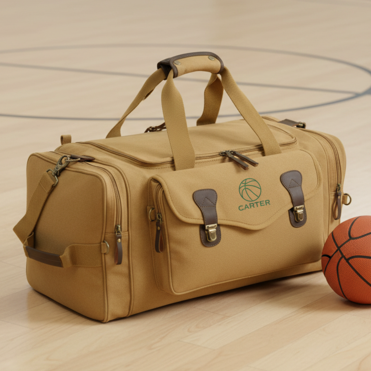 Personalized basketball groomsmen duffle bag in tan canvas, embroidered with a green basketball and a custom name, a thoughtful groomsman gift for a hoops fan.