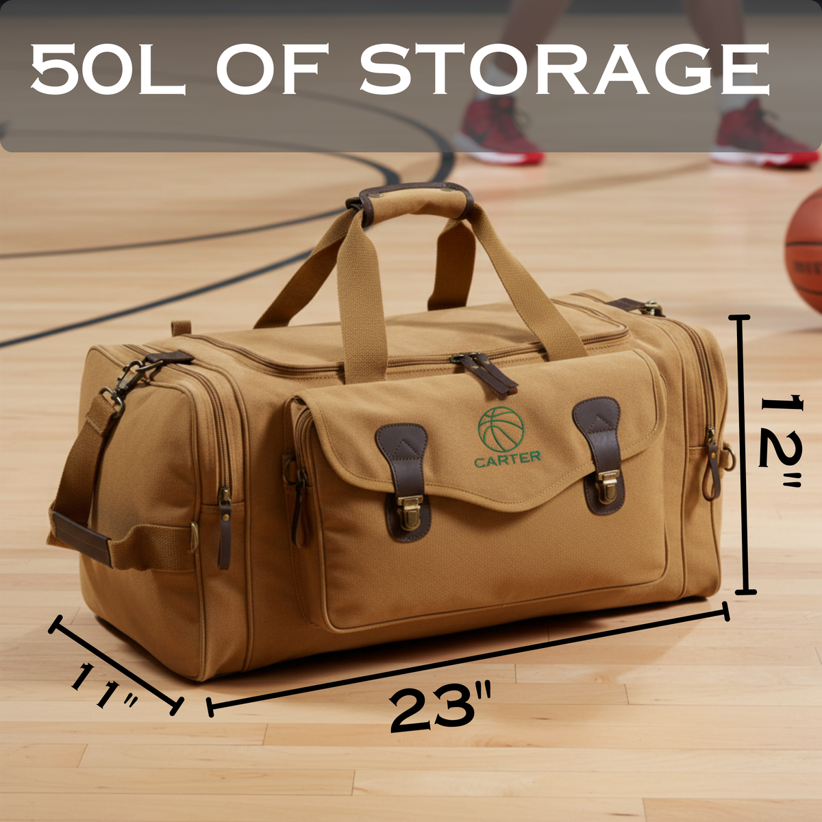 Tan personalized basketball duffle bag with dimensions marked 23 by 12 by 11 inches and 50L of storage for a groomsman's gear.