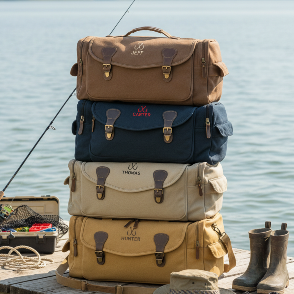 Stack of four personalized fishing duffle bags in tan, navy, cream, and khaki canvas, each engraved with sample names (Jeff, Carter, Thomas, Hunter) and leather accents, displayed on a dock.