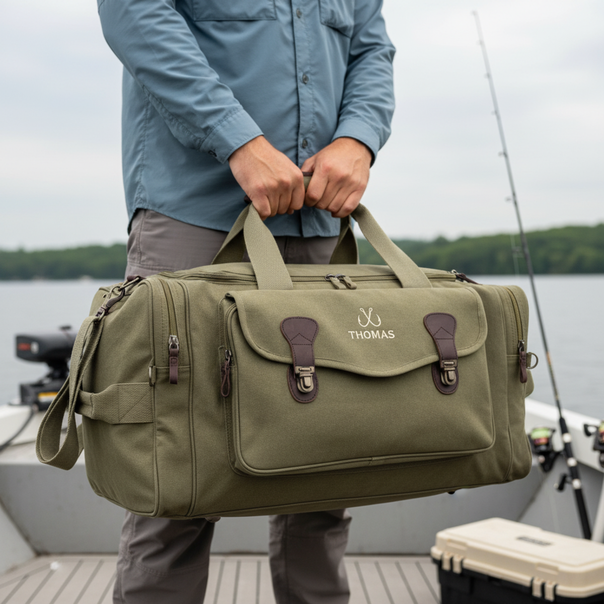 Man holding khaki canvas duffel bag with brown leather accents and personalized "THOMAS" engraving, standing on boat dock with fishing rod visible in background