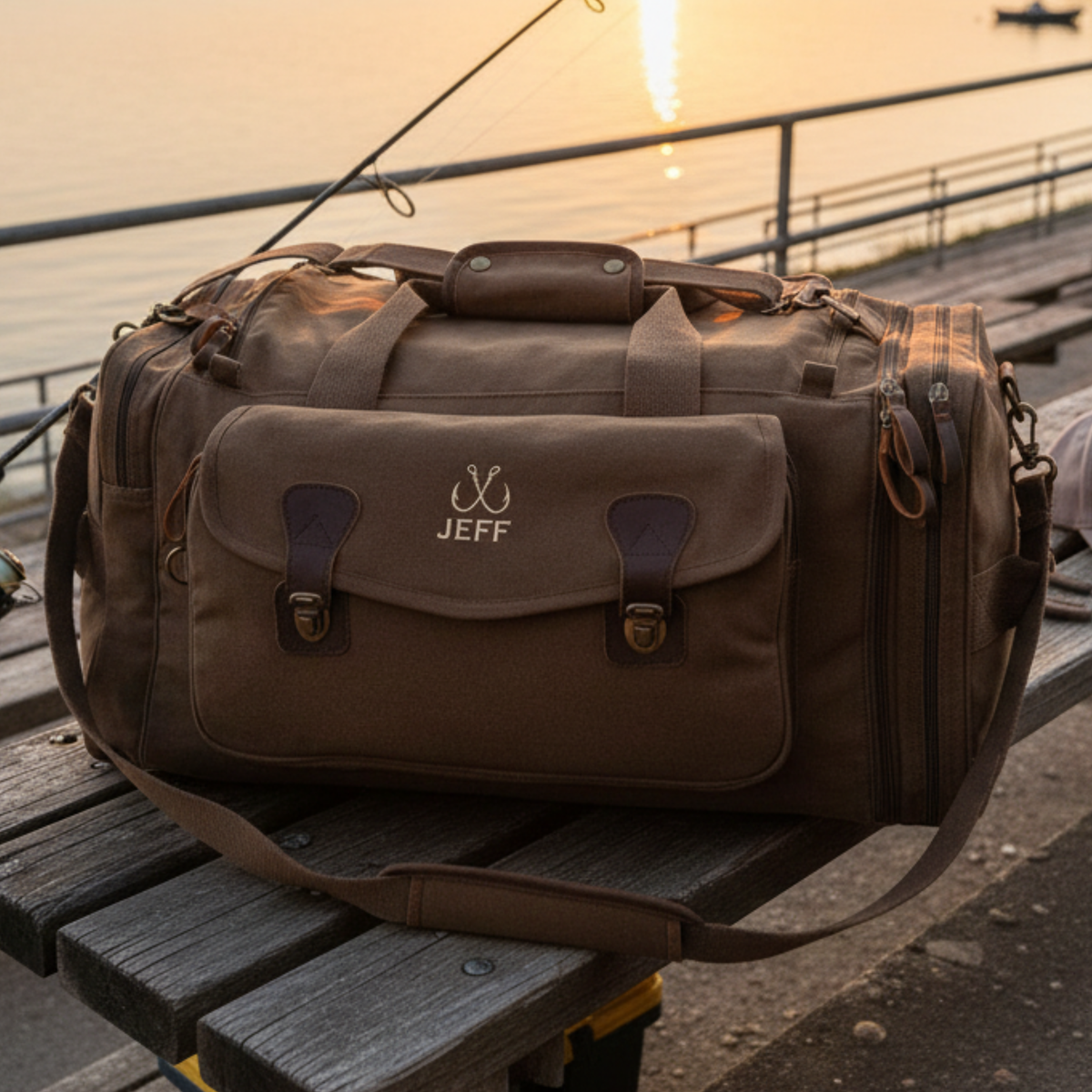 Brown canvas duffle bag with leather accents and brass hardware, personalized with sample name "JEFF" engraved on front flap, positioned on wooden dock with fishing rods and water background