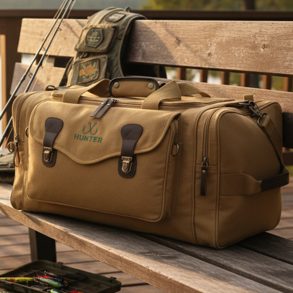 Tan canvas duffel bag with personalized "HUNTER" embroidery, leather handles, and brass hardware, displayed on wooden bench with fishing rods and tackle box