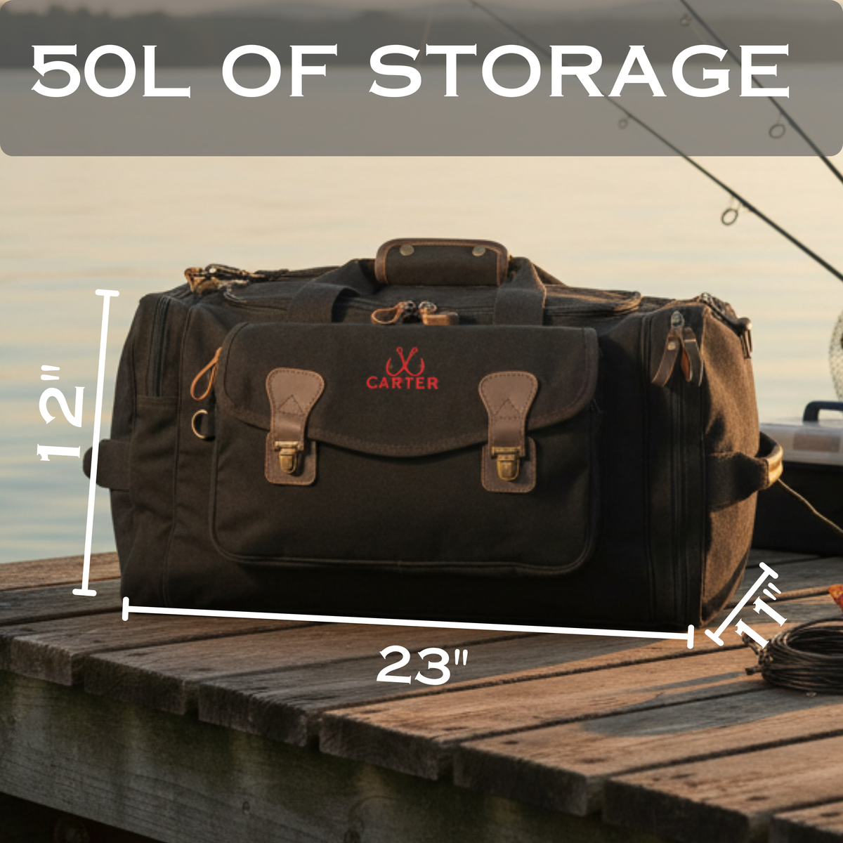 Black canvas duffle bag with tan leather accents and brass hardware displayed on weathered dock, showing 50L storage capacity dimensions of 23 inches wide by 12 inches tall