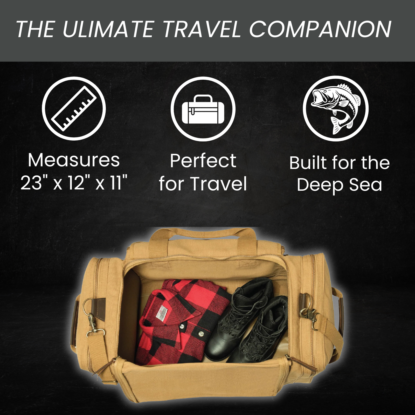 Tan canvas duffle bag open to display interior capacity, filled with red plaid shirt and black boots, showing storage dimensions of 23" x 12" x 11