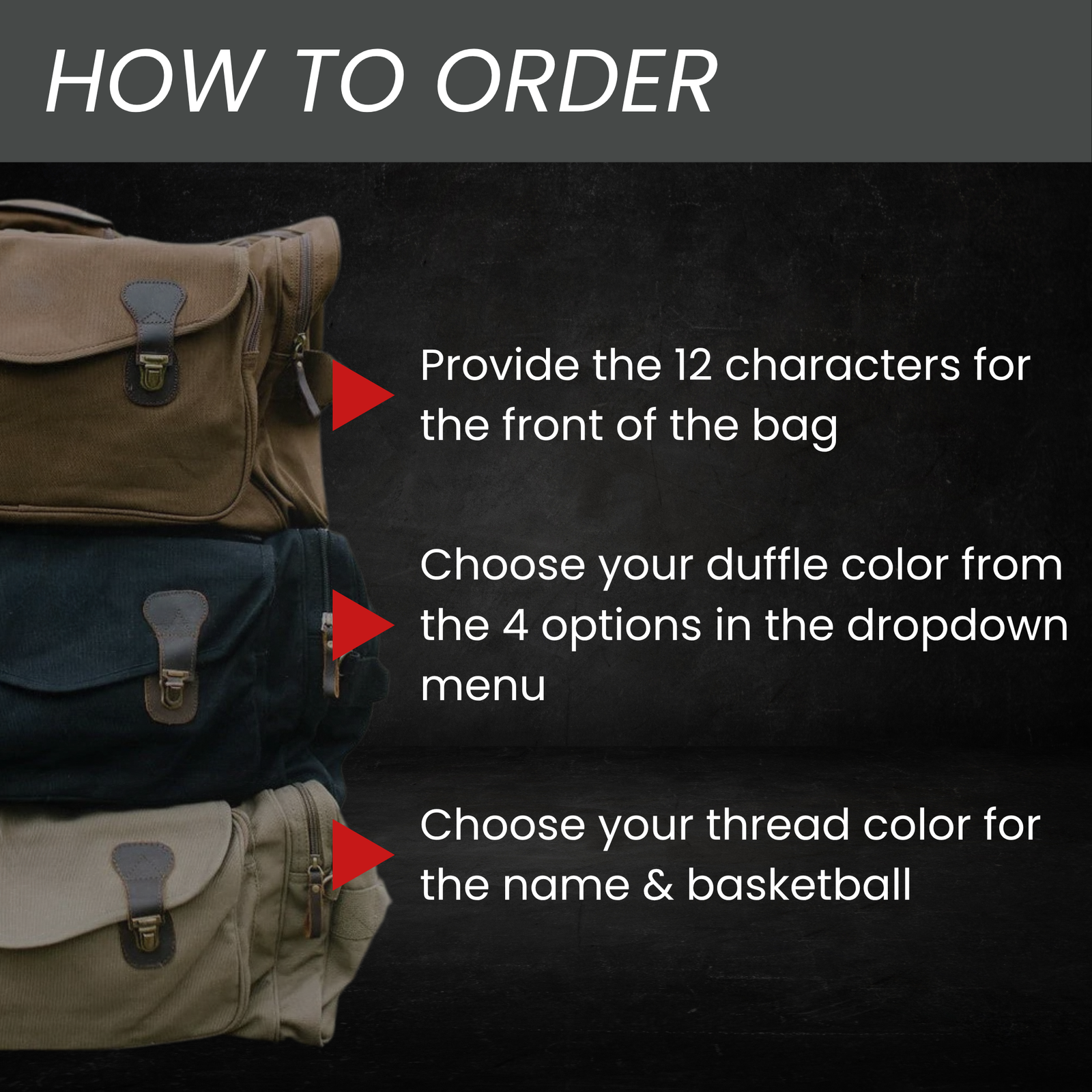 How to order guide for the personalized basketball groomsmen duffle bag, showing name, bag color, and thread color selection steps.