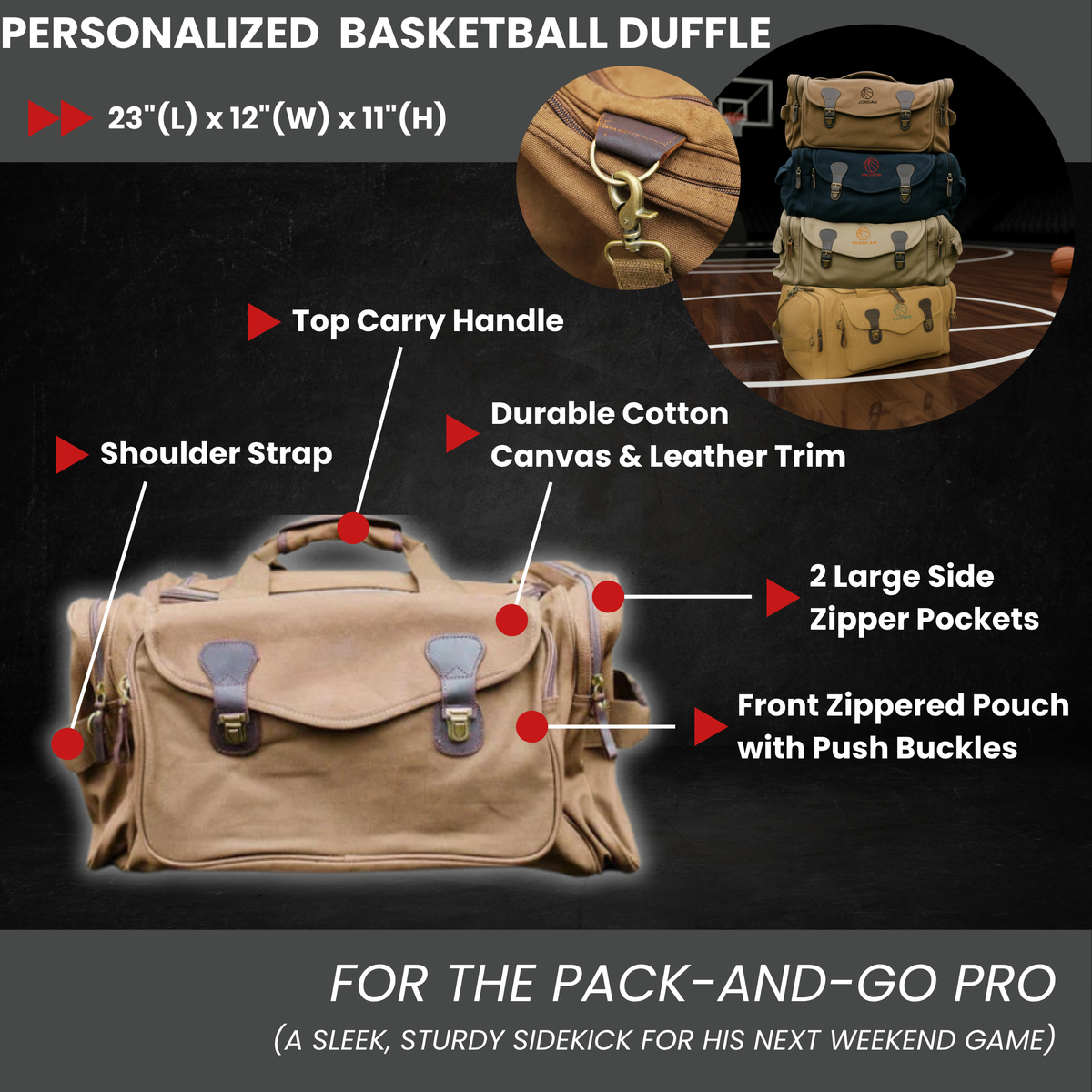 Feature diagram of the tan basketball groomsmen duffle bag showing carry handle, shoulder strap, cotton canvas, leather trim, and side pockets.