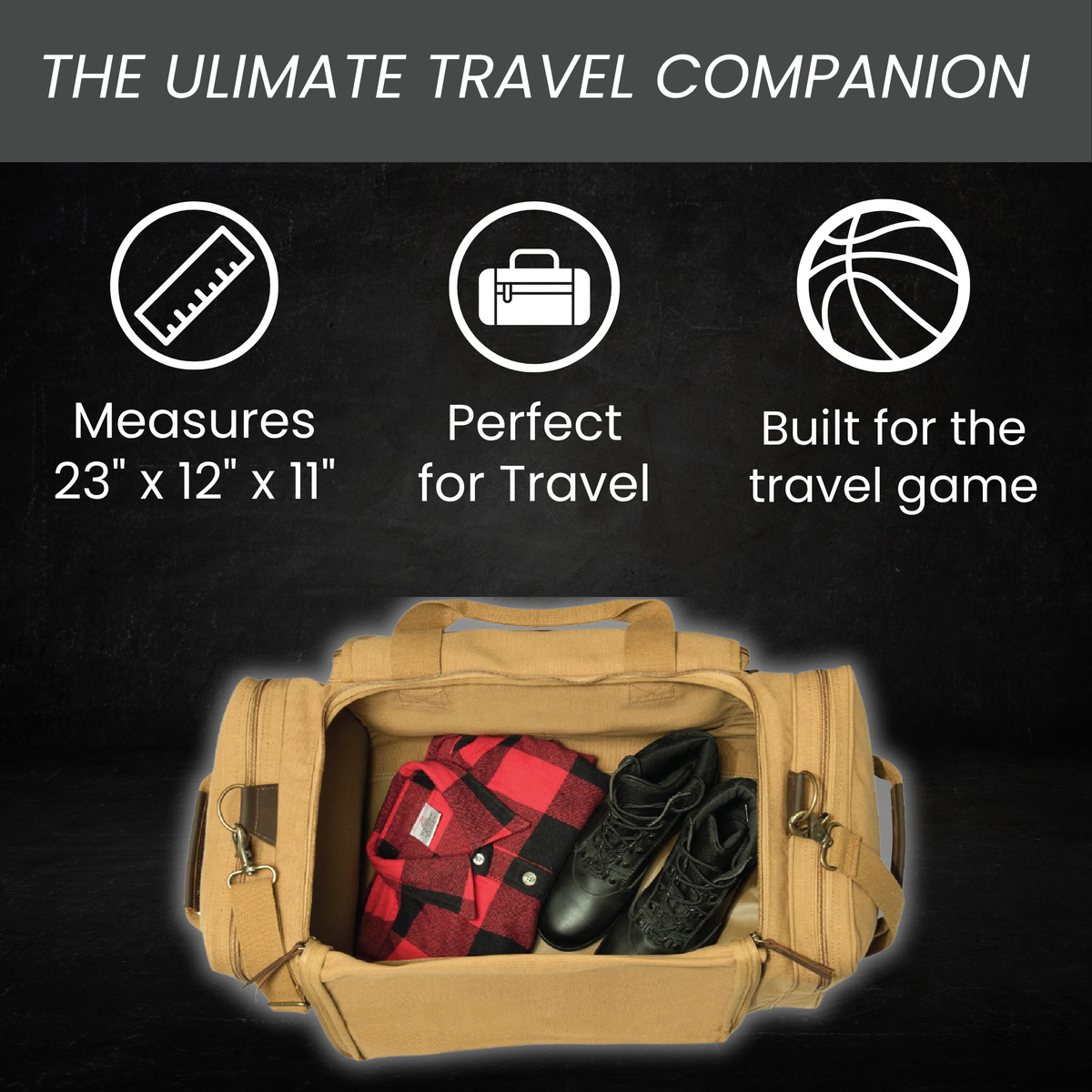 Tan basketball duffle bag shown open and packed with clothes and shoes, a personalized groomsman gift built for travel and game day.