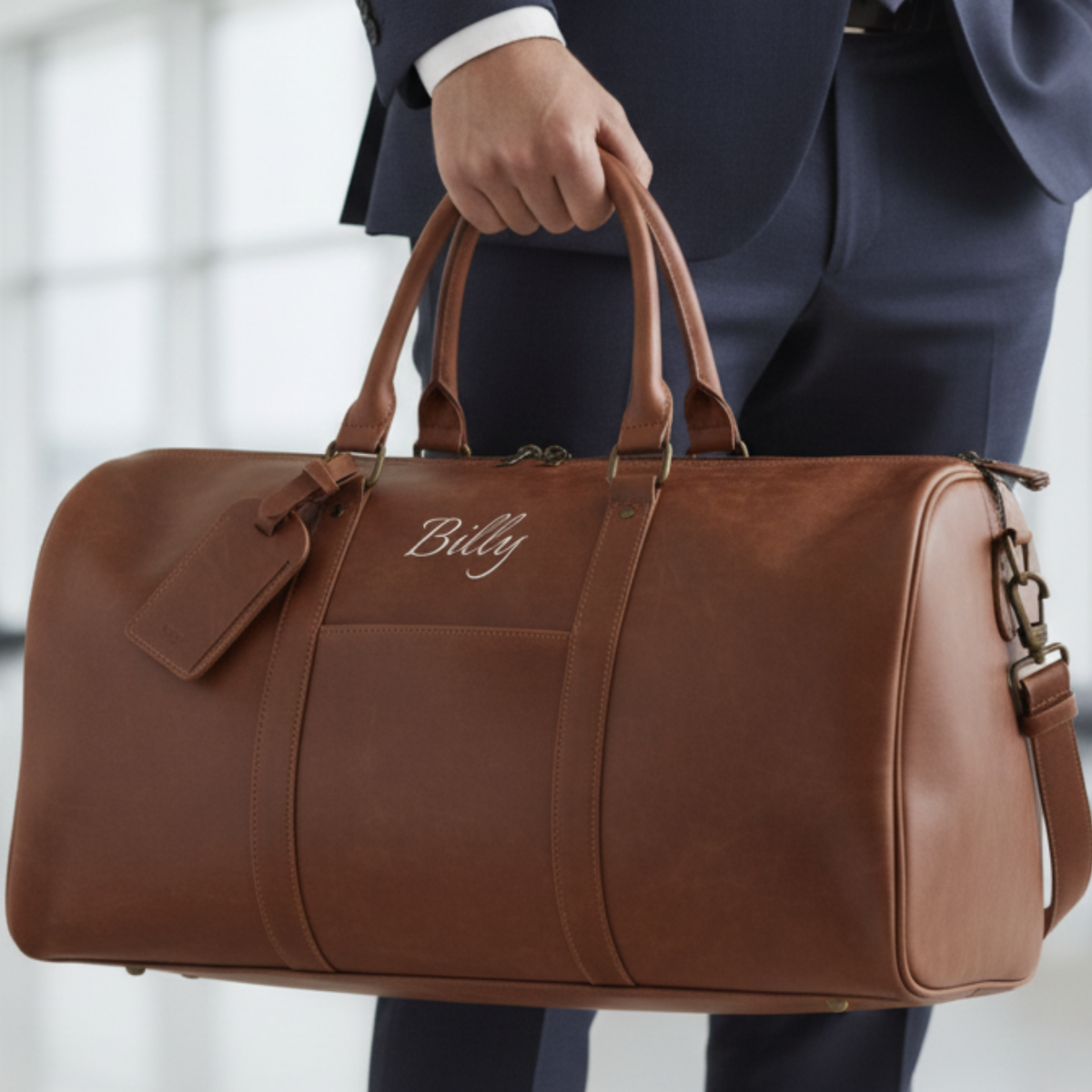 Man in navy suit holding brown leather duffle bag with sample engraving reading "Billy