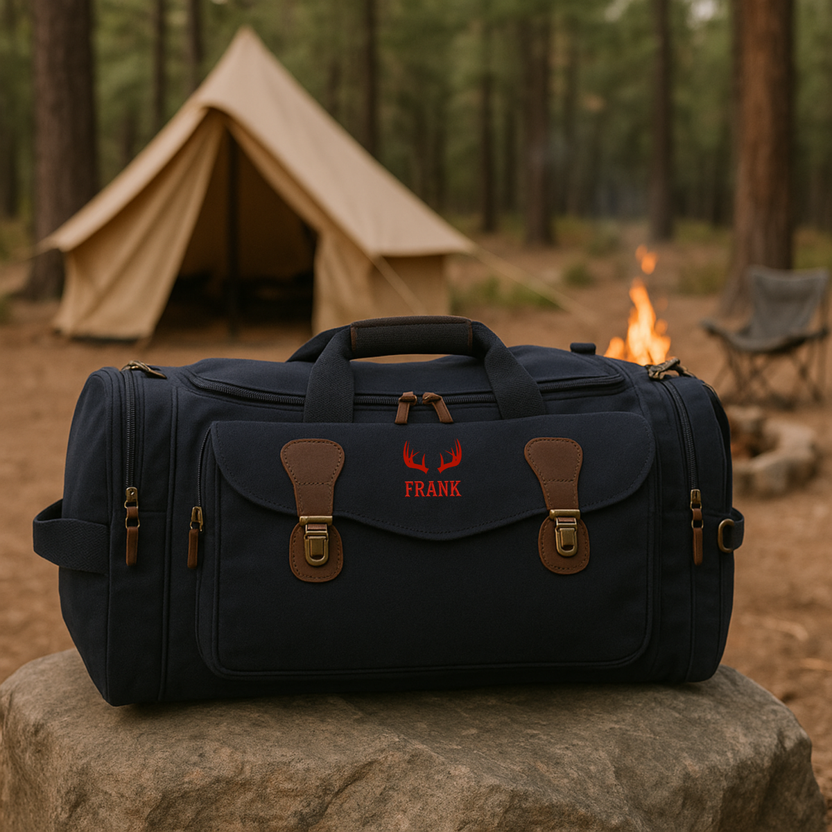 Black canvas duffle bag with brown leather accents, embroidered with sample name "FRANK" and red antler motif, displayed on rock with camping tent and campfire in background.