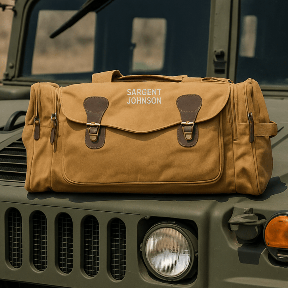 Embroidered military duffle bag with custom name and rugged canvas design