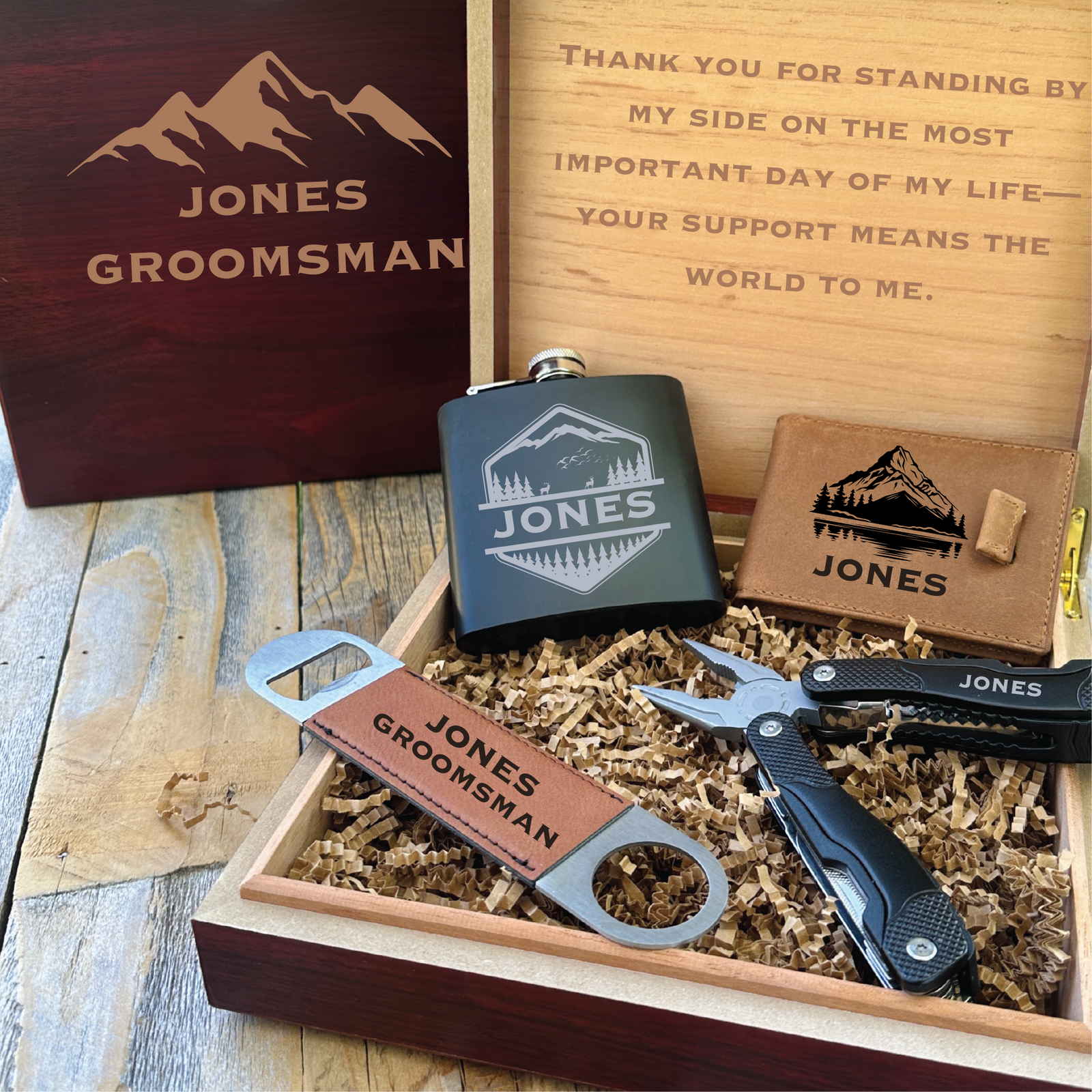 Nature-themed groomsmen gift set with engraved flask, wallet, multitool, and personalized box