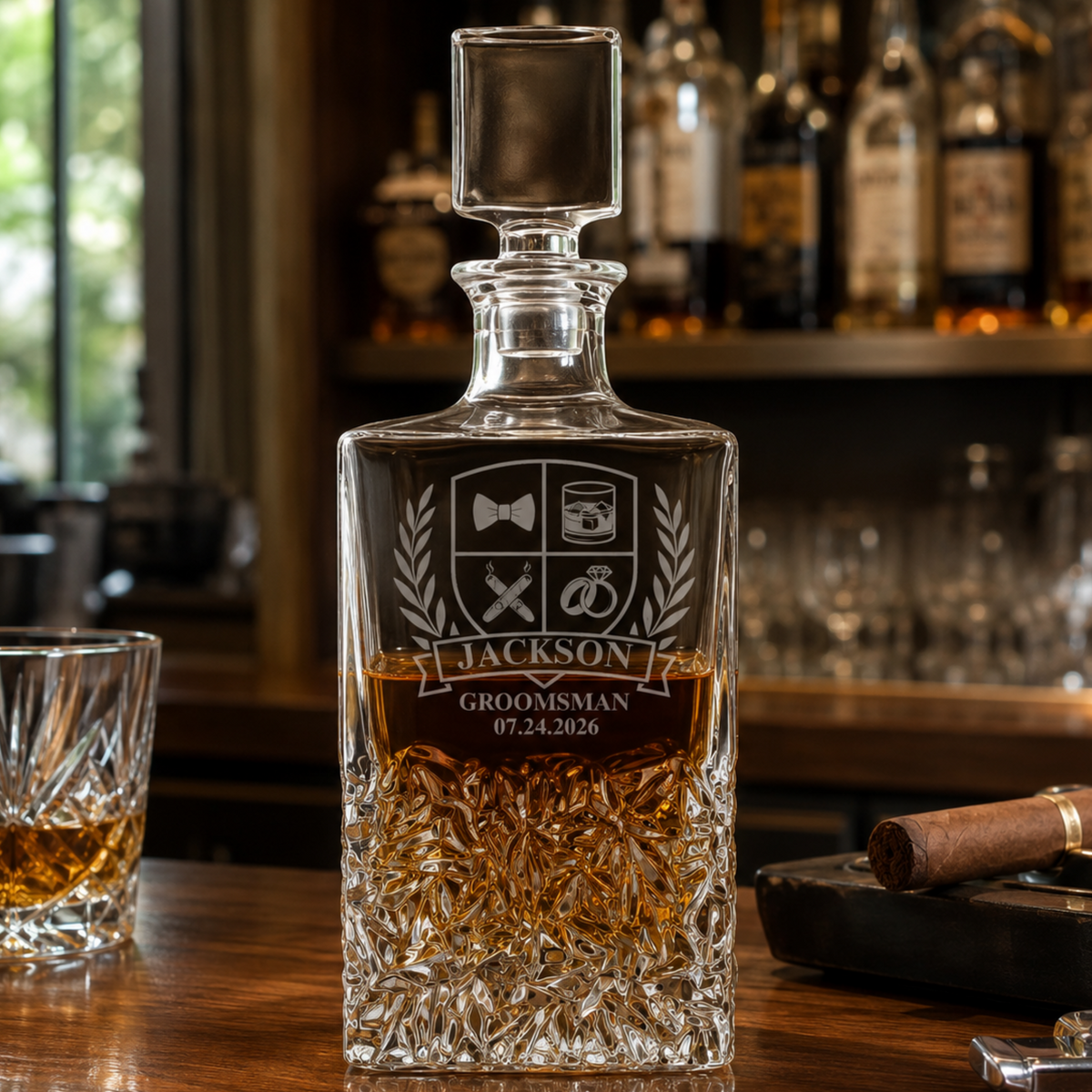 Engraved crystal decanter with sample personalization reading "Jackson Groomsman 07.24.2026" and decorative shield design, displayed on wooden bar with whiskey glass and cigar.