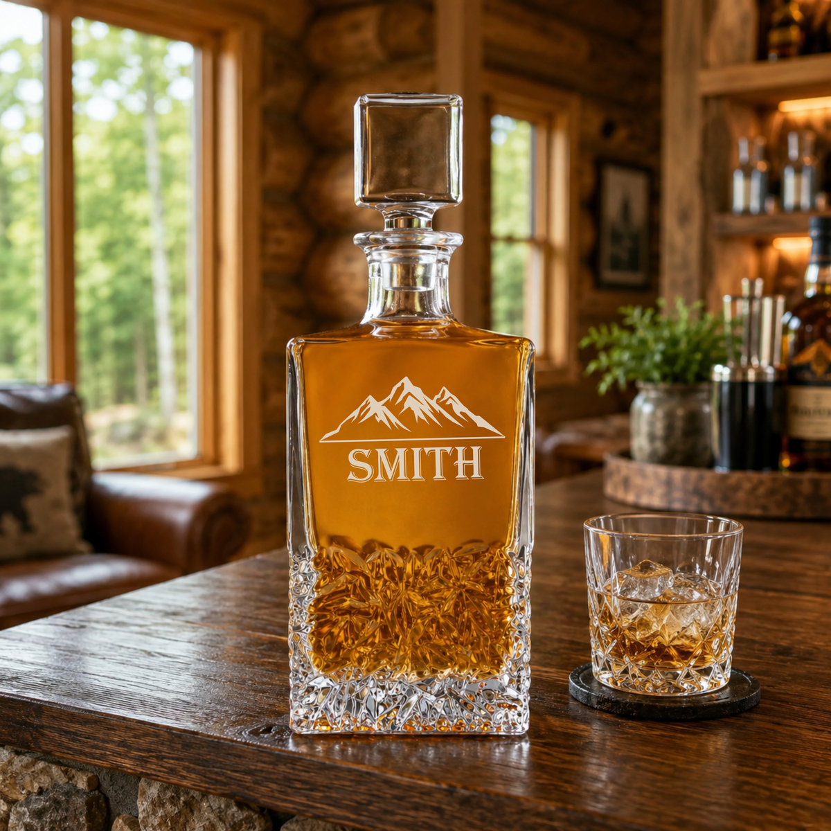 Crystal whiskey decanter with sample engraving reading "SMITH" and mountain peaks design, filled with amber liquid, displayed with matching rocks glass on wooden table in lodge setting.