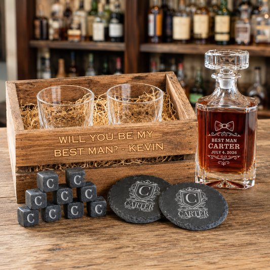 Wooden crate with two rocks glasses containing straw, engraved flask filled with whiskey, slate coasters, and whiskey stones, all with sample personalization including "Will You Be My Best Man? - Kevin" and "Best Man Carter July 4, 2026
