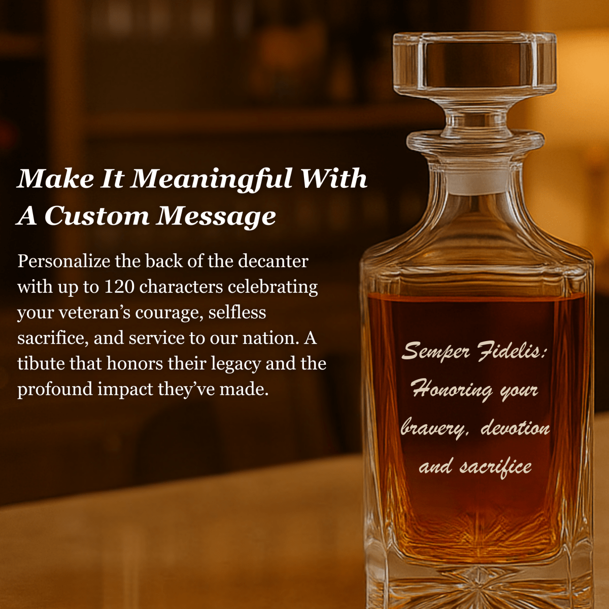 Engraved whiskey decanter with “Courage Never Retires” design and custom military details