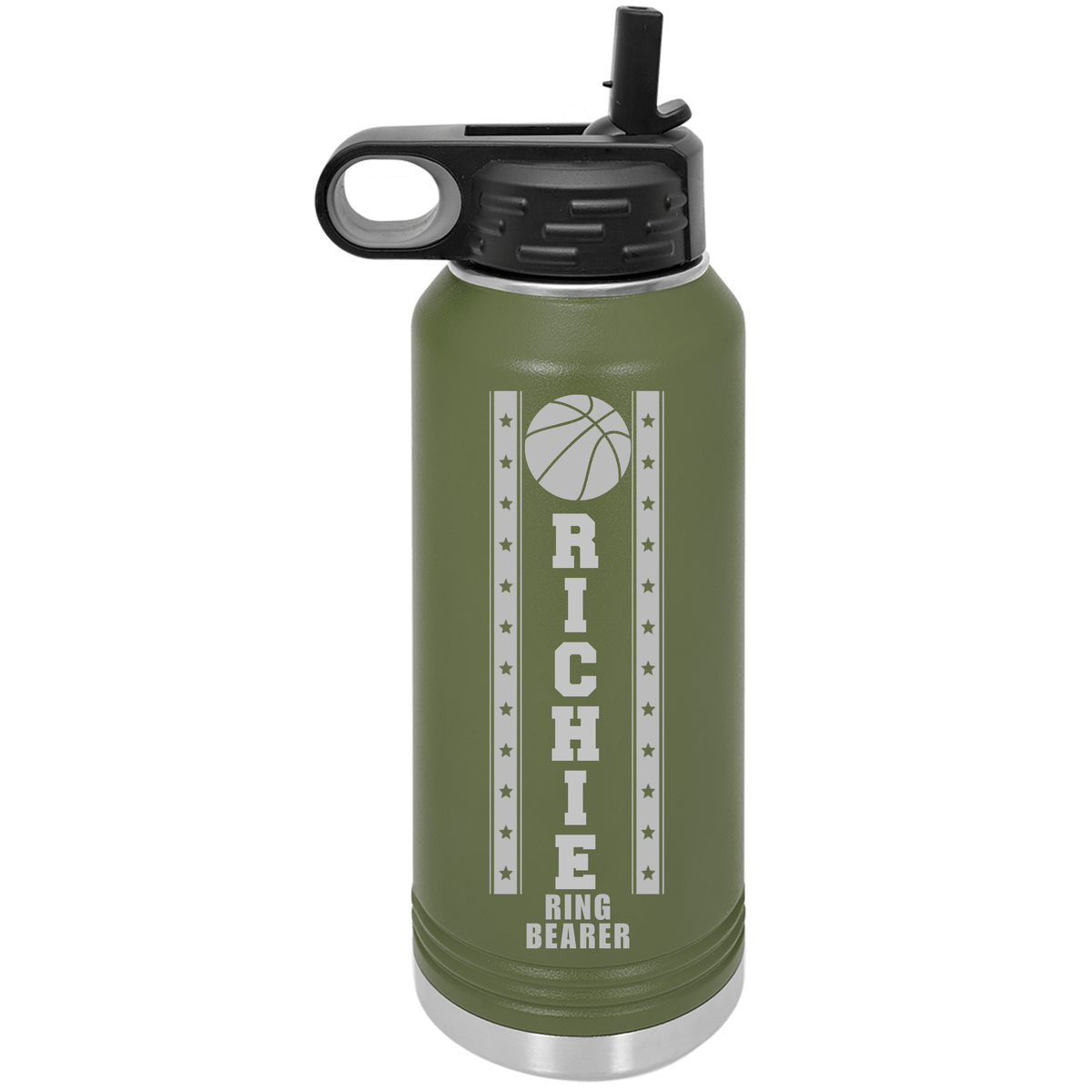 Olive green insulated water bottle with black cap and handle, engraved with basketball icon and sample text reading "RICHIE" and "RING BEARER" surrounded by decorative stars.