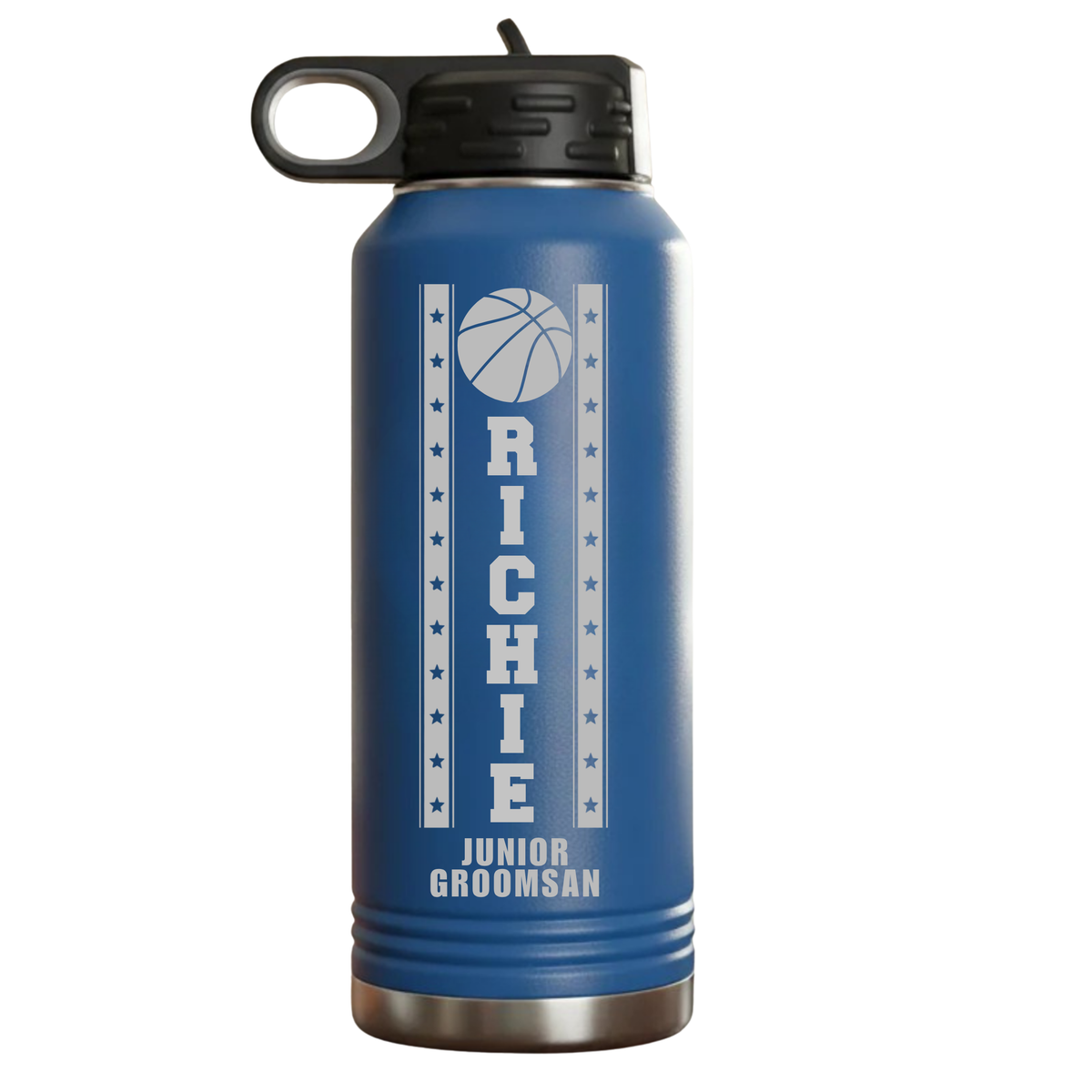 Blue insulated water bottle with black cap and stainless steel base, engraved with basketball icon and sample text reading "RITCHIE" and "JUNIOR GROOMSMAN