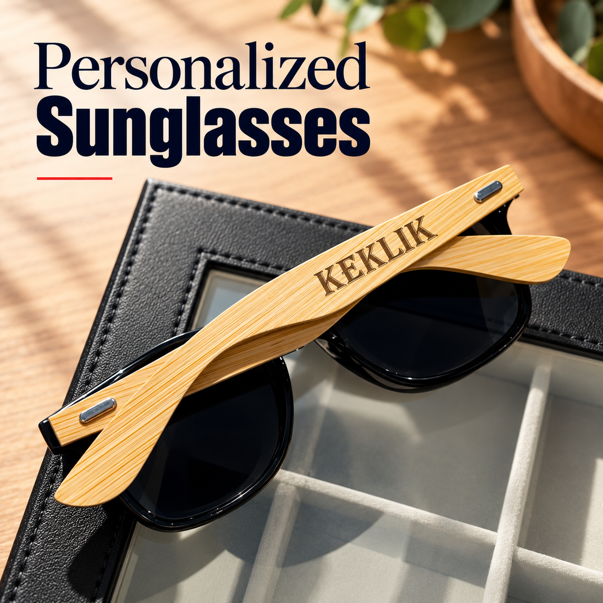 Black sunglasses with natural wood arms engraved "KEKLIK", resting on a black leather case with compartmentalized organizer box visible underneath.