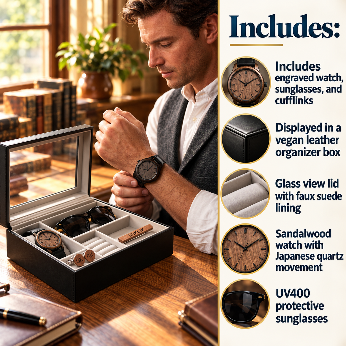 Man wearing engraved watch shown with black vegan leather organizer box containing watch, sunglasses, cufflinks, and sandalwood watch with faux suede lining.