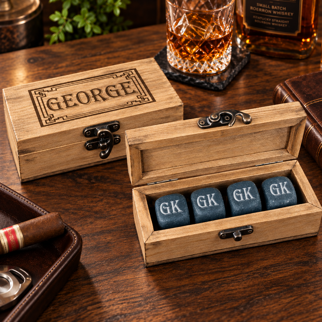 Two natural stone whiskey stones with sample initials "GK" engraved, displayed in open wooden box with metal clasp, next to closed box engraved "GEORGE