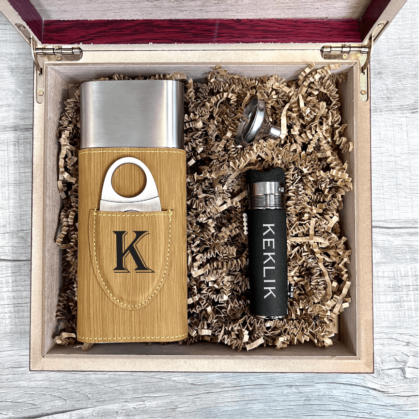 Personalized cigar gift set with travel case, flask, lighter, and cutter