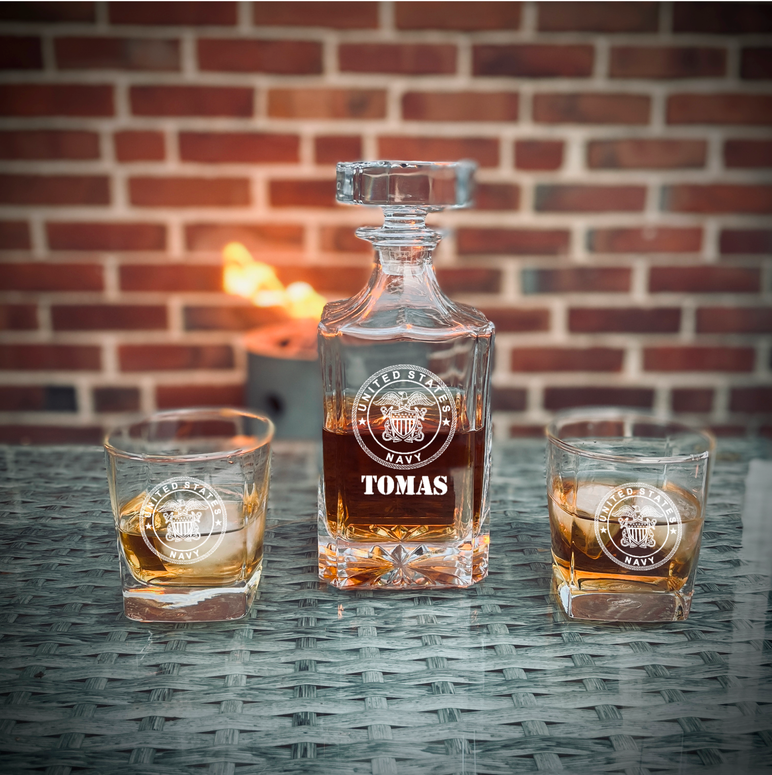 Custom engraved military whiskey decanter set with glasses and pine wood gift box