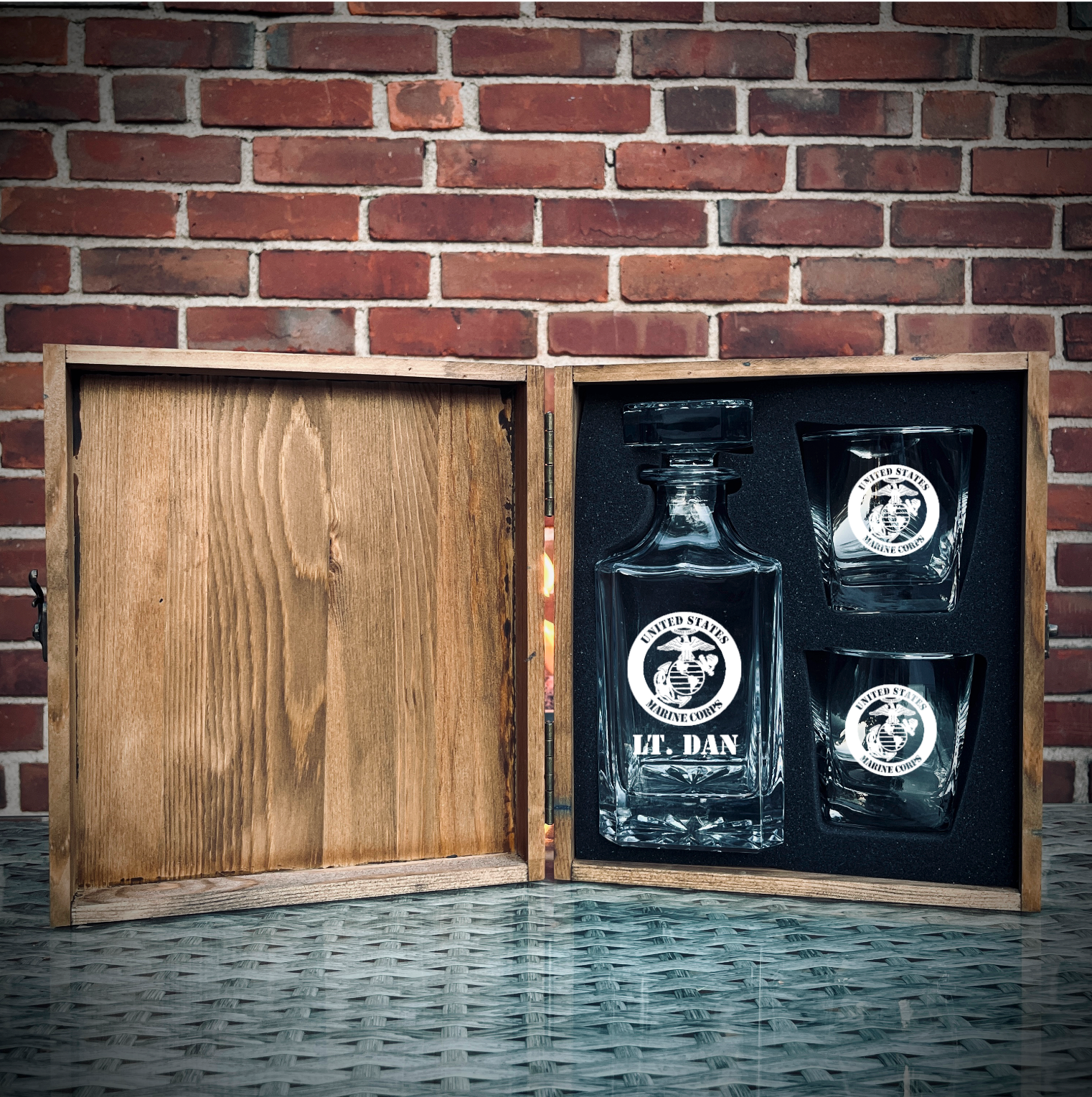 Custom engraved military whiskey decanter set with glasses and pine wood gift box