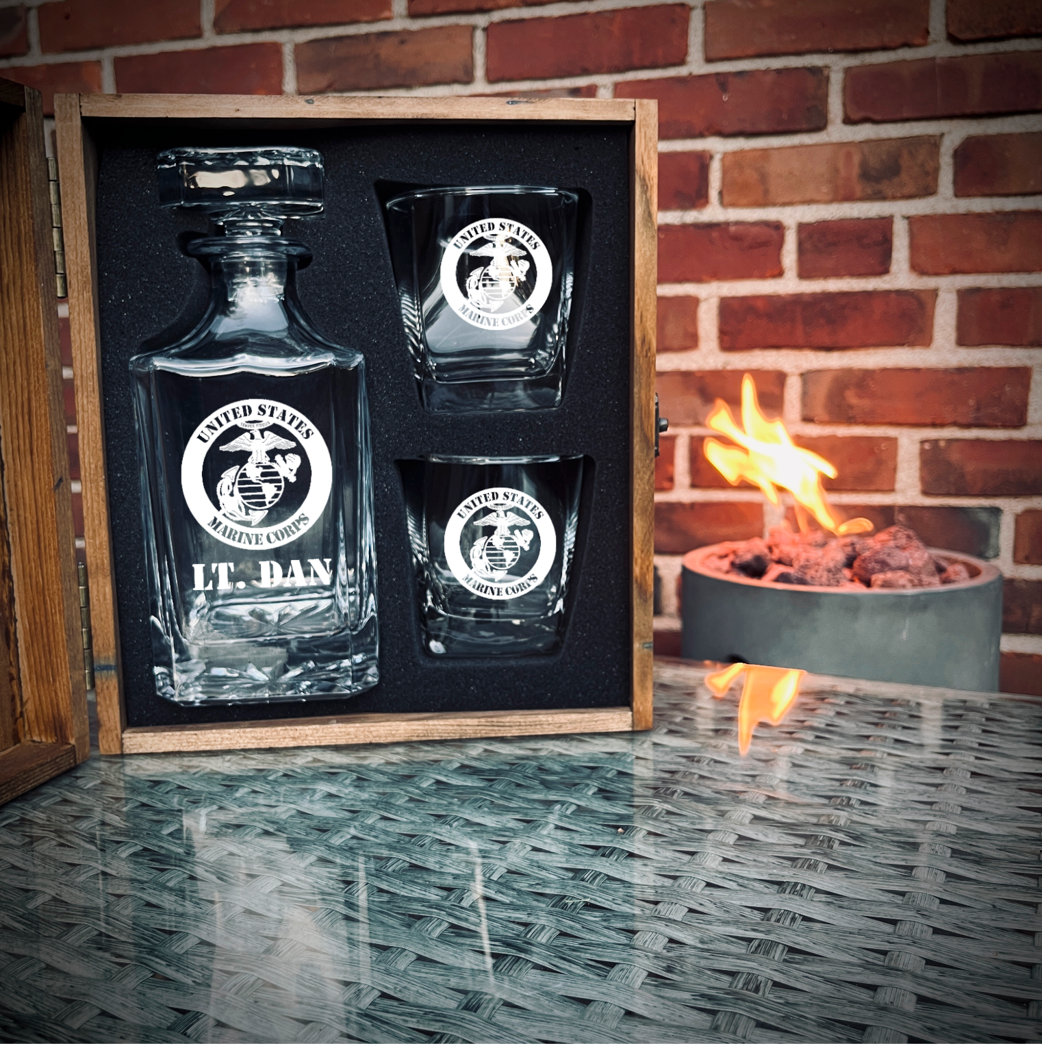 Custom engraved military whiskey decanter set with glasses and pine wood gift box