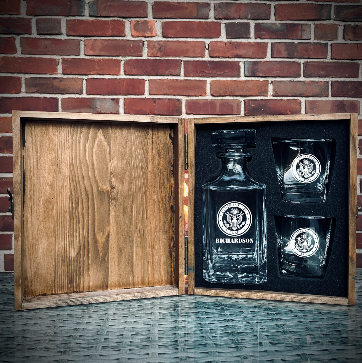 Custom engraved military whiskey decanter set with glasses and pine wood gift box
