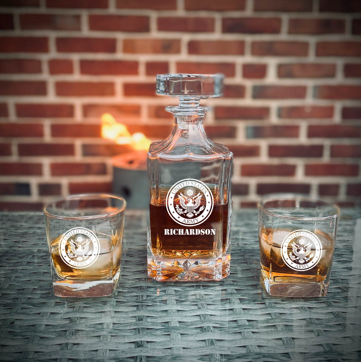 Custom engraved military whiskey decanter set with glasses and pine wood gift box