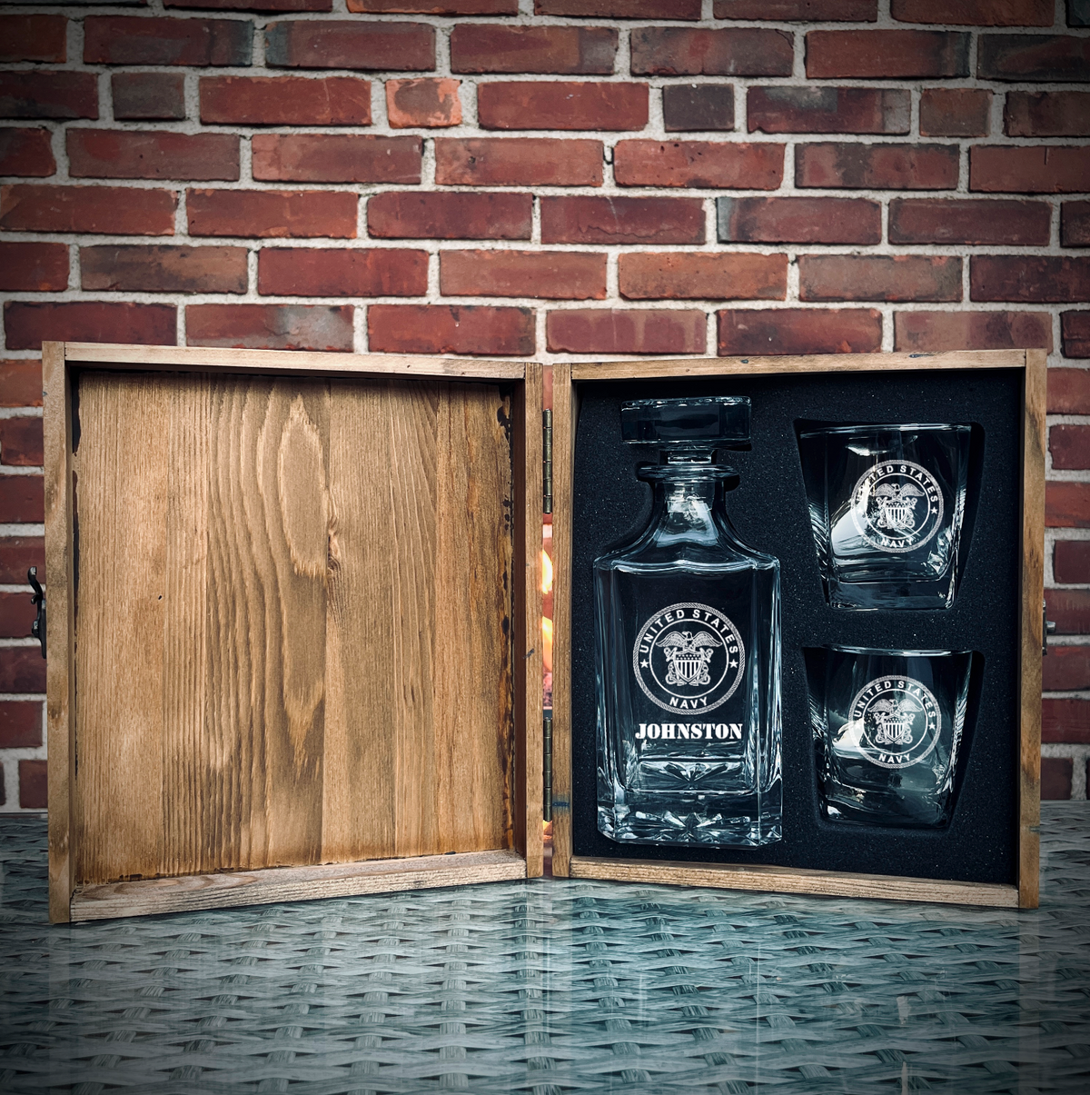 Custom engraved military whiskey decanter set with glasses and pine wood gift box