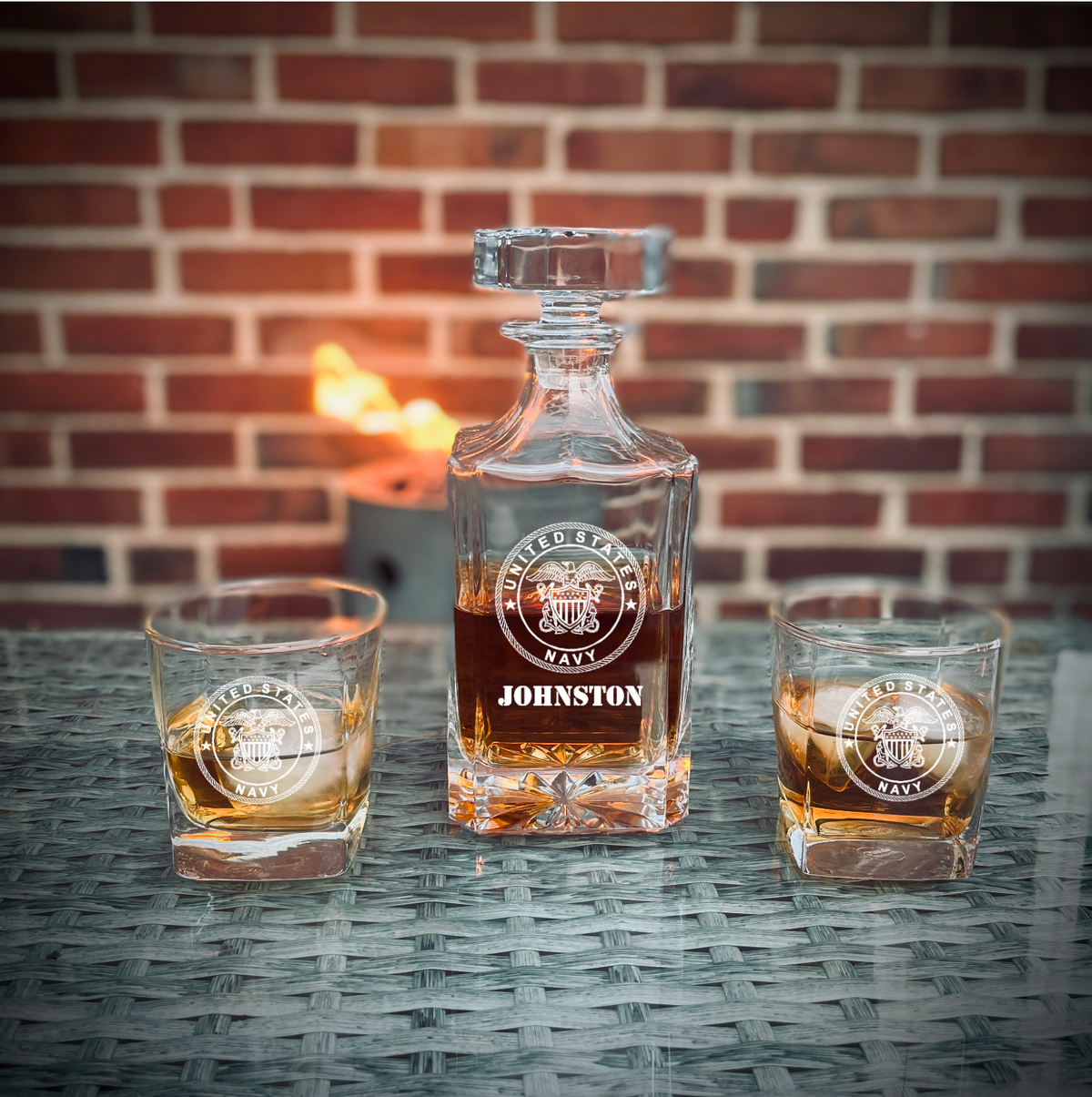 Custom engraved military whiskey decanter set with glasses and pine wood gift box