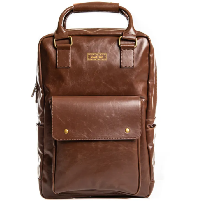 Brown vegan leather laptop backpack with custom name engraving and front flap pocket