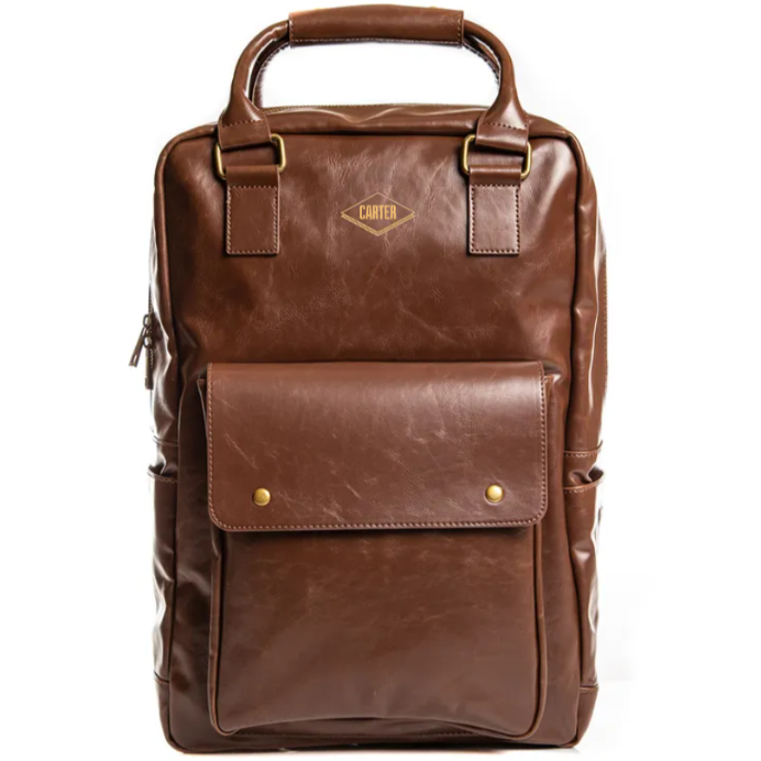 Brown vegan leather laptop backpack with custom name engraving and front flap pocket