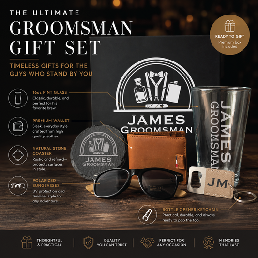 Groomsman gift set display featuring engraved pint glass, leather wallet, stone coaster, sunglasses, and bottle opener keychain with "James Groomsman" personalization sample.