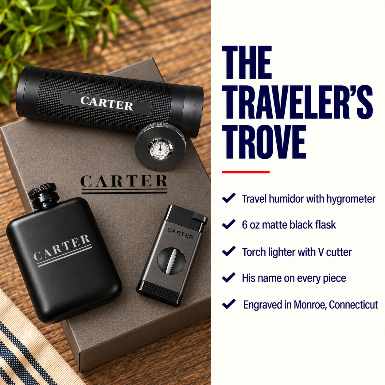 A set of black travel accessories branded CARTER, including a cylindrical hygrometer, a matte black flask, a lighter with a V-cutter, and a round case, arranged on a box beside text reading 'THE TRAVELER'S TROVE.'.