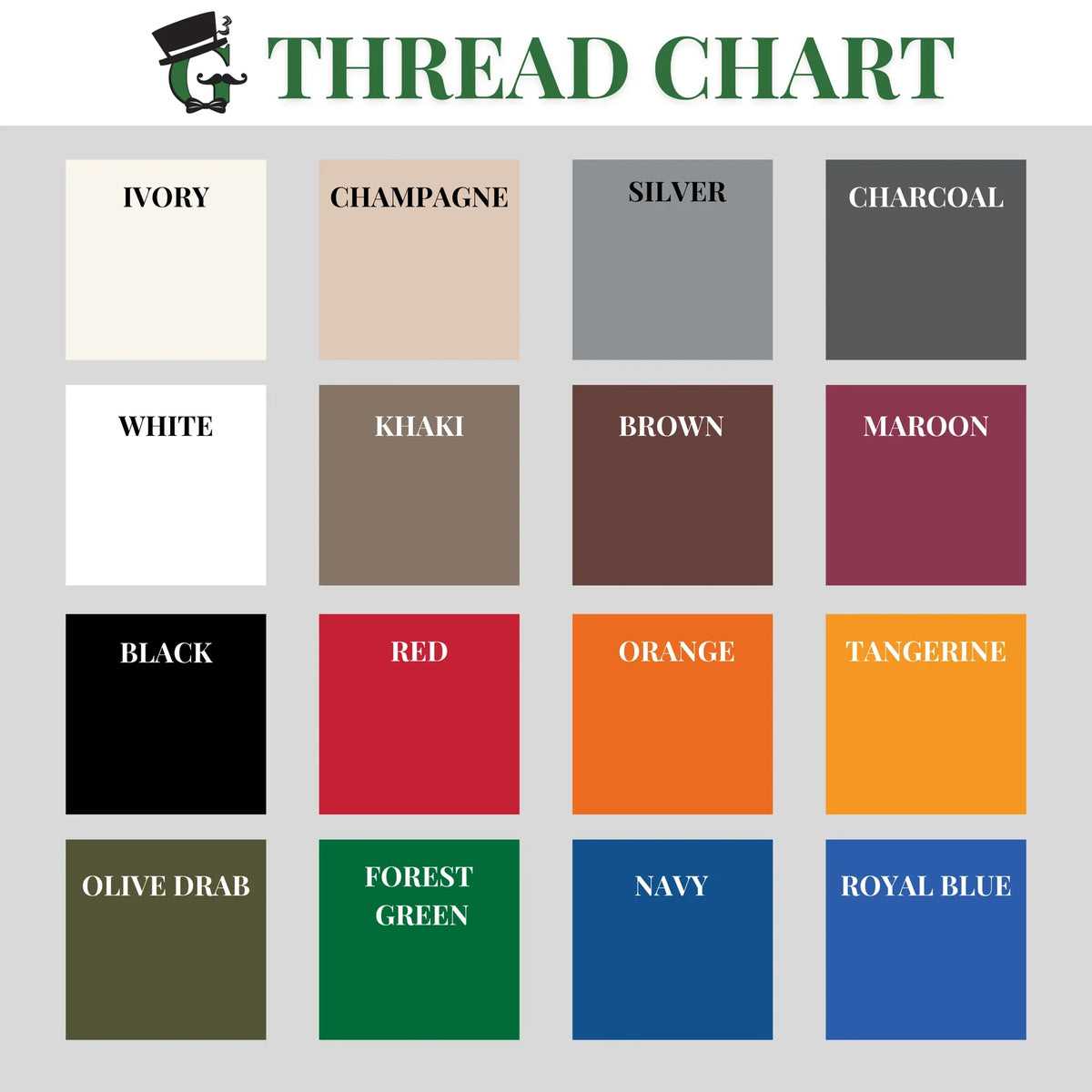 Thread color chart with 16 embroidery options for personalizing the basketball groomsmen duffle bag with a name and basketball.