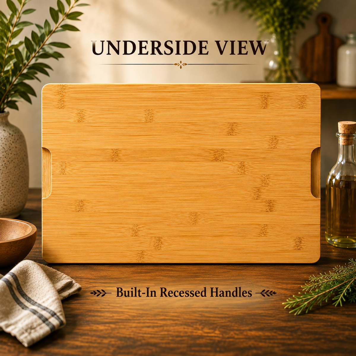 Underside view of the personalized wedding charcuterie board showing the solid bamboo construction and the recessed carrying handles cut into each end.