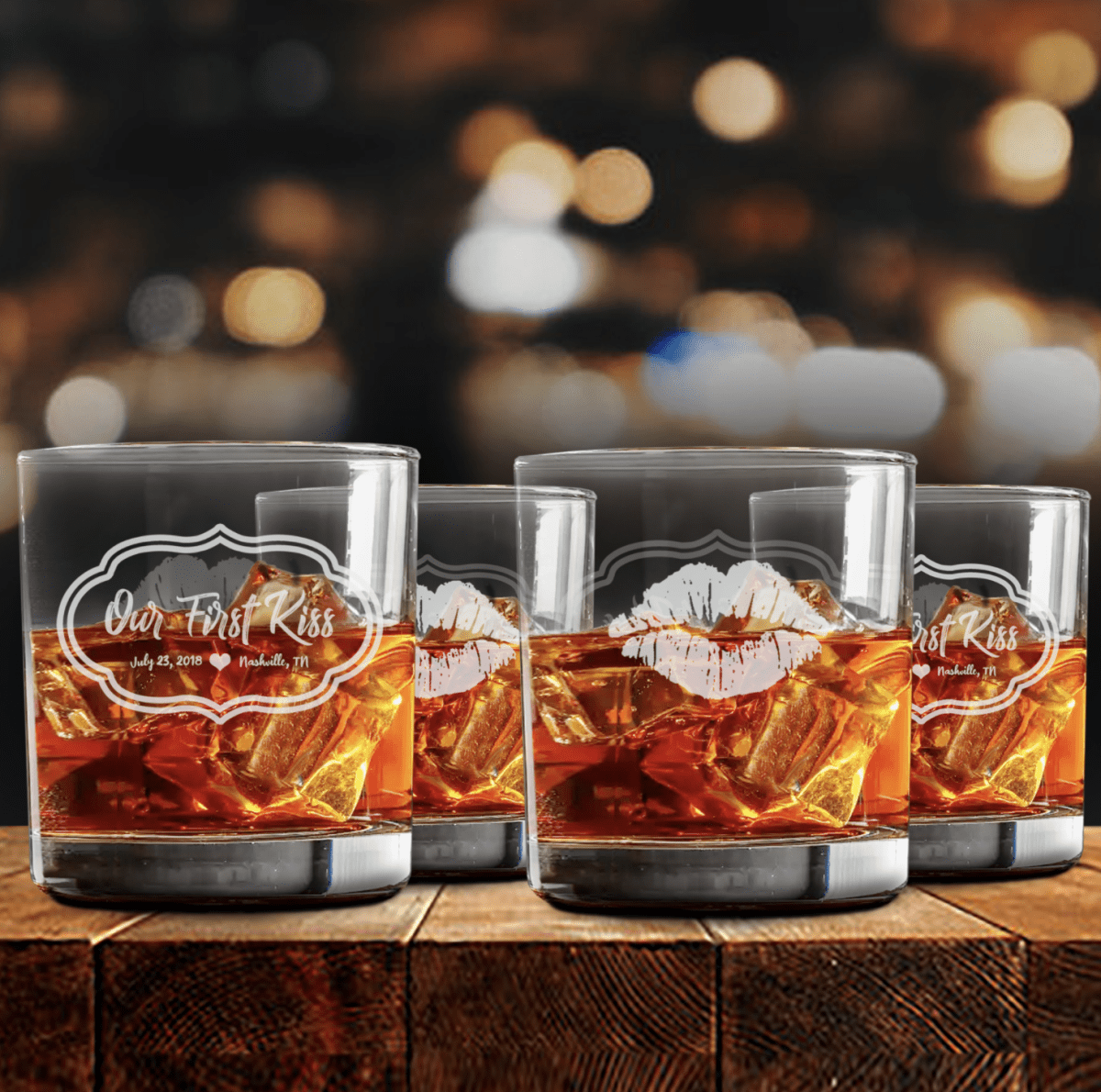 Unique Personalized First Kiss Whiskey Glass Set Customized Whiskey Glass Gifts for Men by Groovy Guy