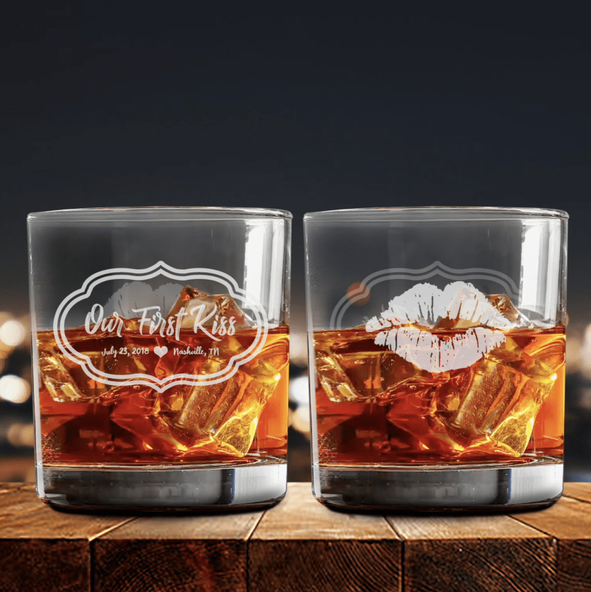Unique Personalized First Kiss Whiskey Glass Set Customized Whiskey Glass Gifts for Men by Groovy Guy