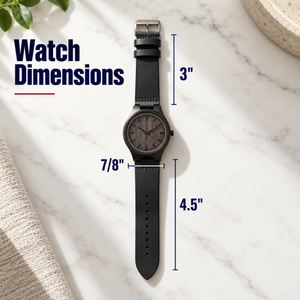 A wristwatch with a dark round dial and black strap is shown on a white marble surface with overlaid dimension labels reading 3 inches, 7/8 inches, and 4.5 inches, plus the text 'Watch Dimensions'.