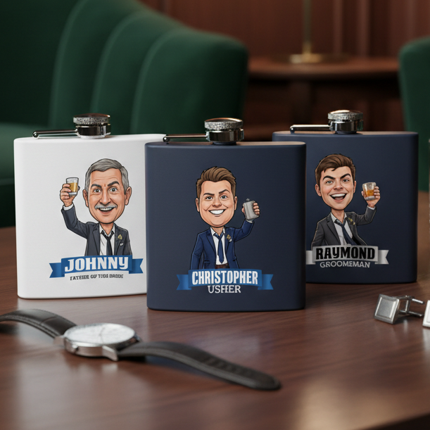 Personalized flasks with cartoon characters on a wooden table with glasses and a lamp in the background.