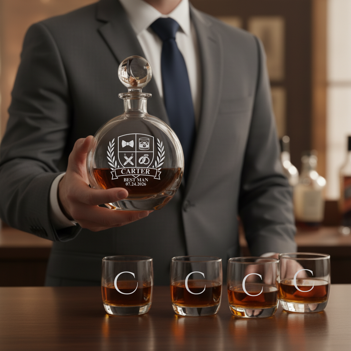 Man in suit holding personalized decanter engraved with sample name "CARTER" and crest, with four matching glasses below engraved with initial "C