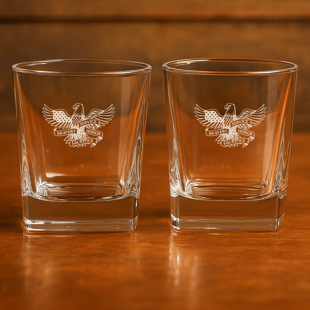 Whiskey glass with engraved eagle, American flag, and “Service, Bravery, Honor, Sacrifice” design