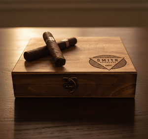 Wooden cigar box with sample engraving reading 