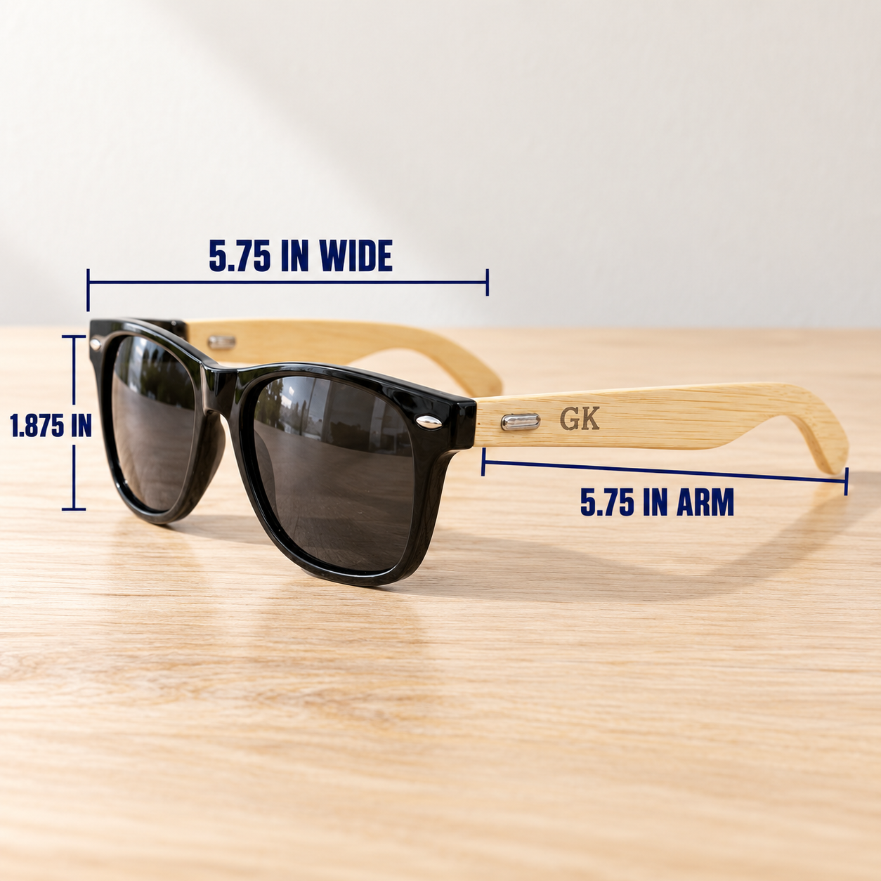 Shady Squad sunglasses with an engraved wood grain arm, measured at 5.75 inches wide, a 5.75 inch arm and a 1.875 inch tall frame