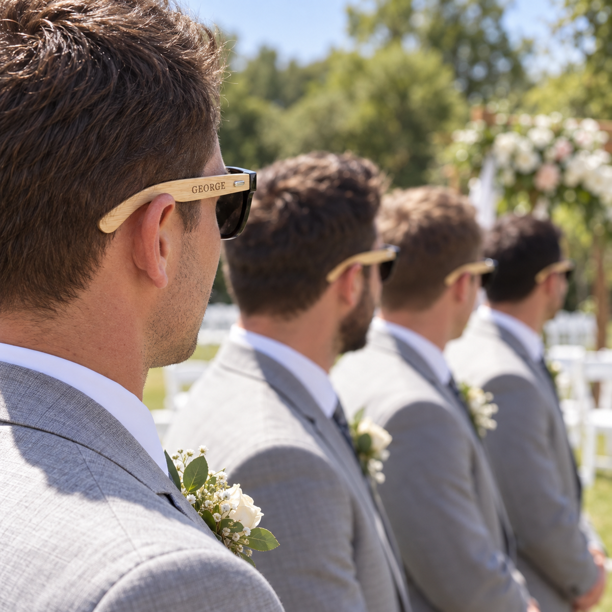 Groomsmen in light gray suits wearing Shady Squad sunglasses at an outdoor ceremony, the nearest wood grain arm engraved GEORGE beside his temple