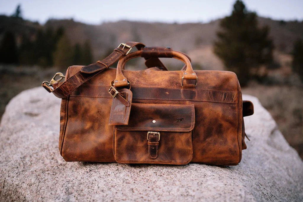 Unique Personalized Top Grain Leather Weekender Duffel Customized Duffle Bag Gifts for Men by Groovy Guy