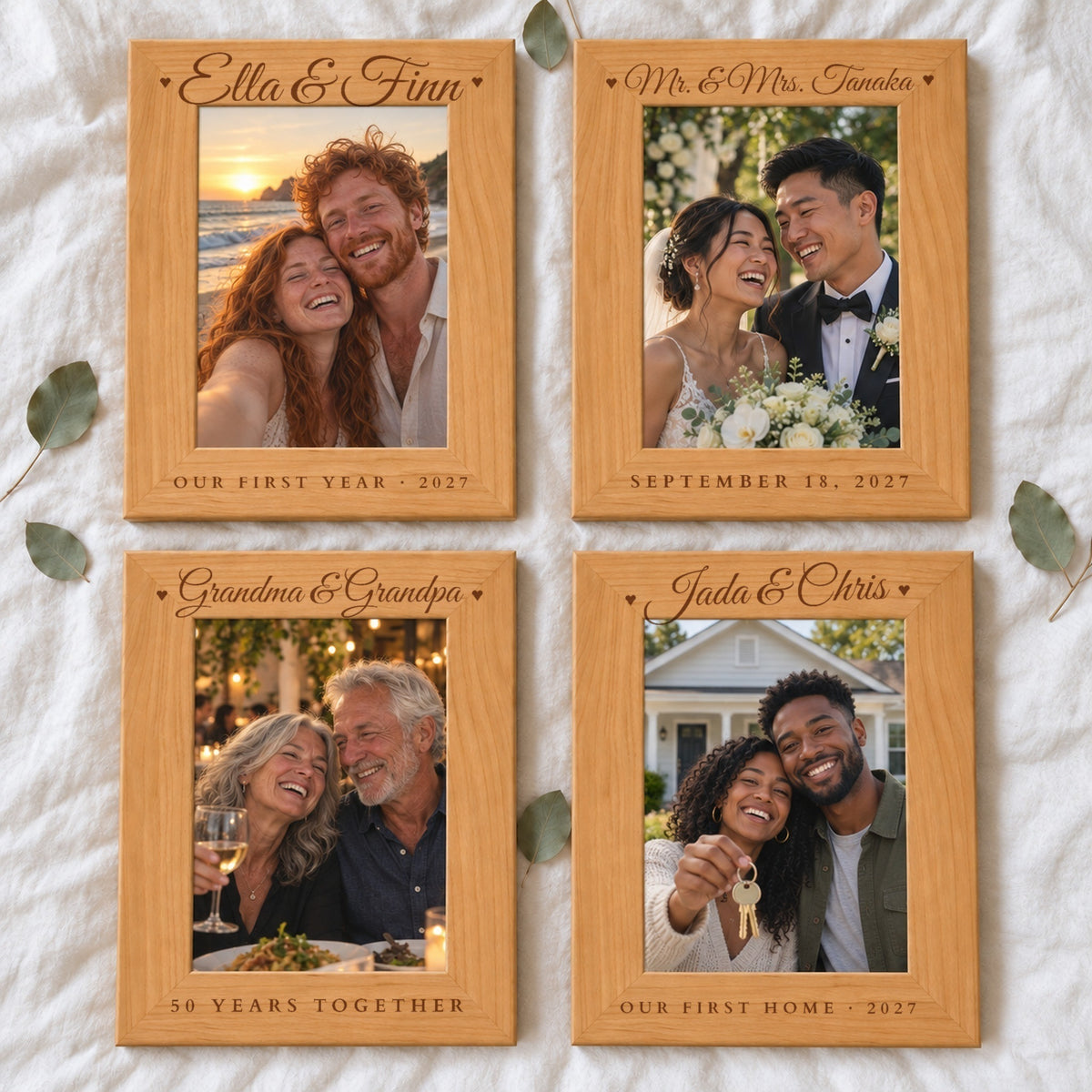 Four engraved couples picture frames: Our First Year 2027, Mr. & Mrs. Tanaka with a 2027 wedding date, Grandma & Grandpa 50 Years Together, Our First Home 2027
