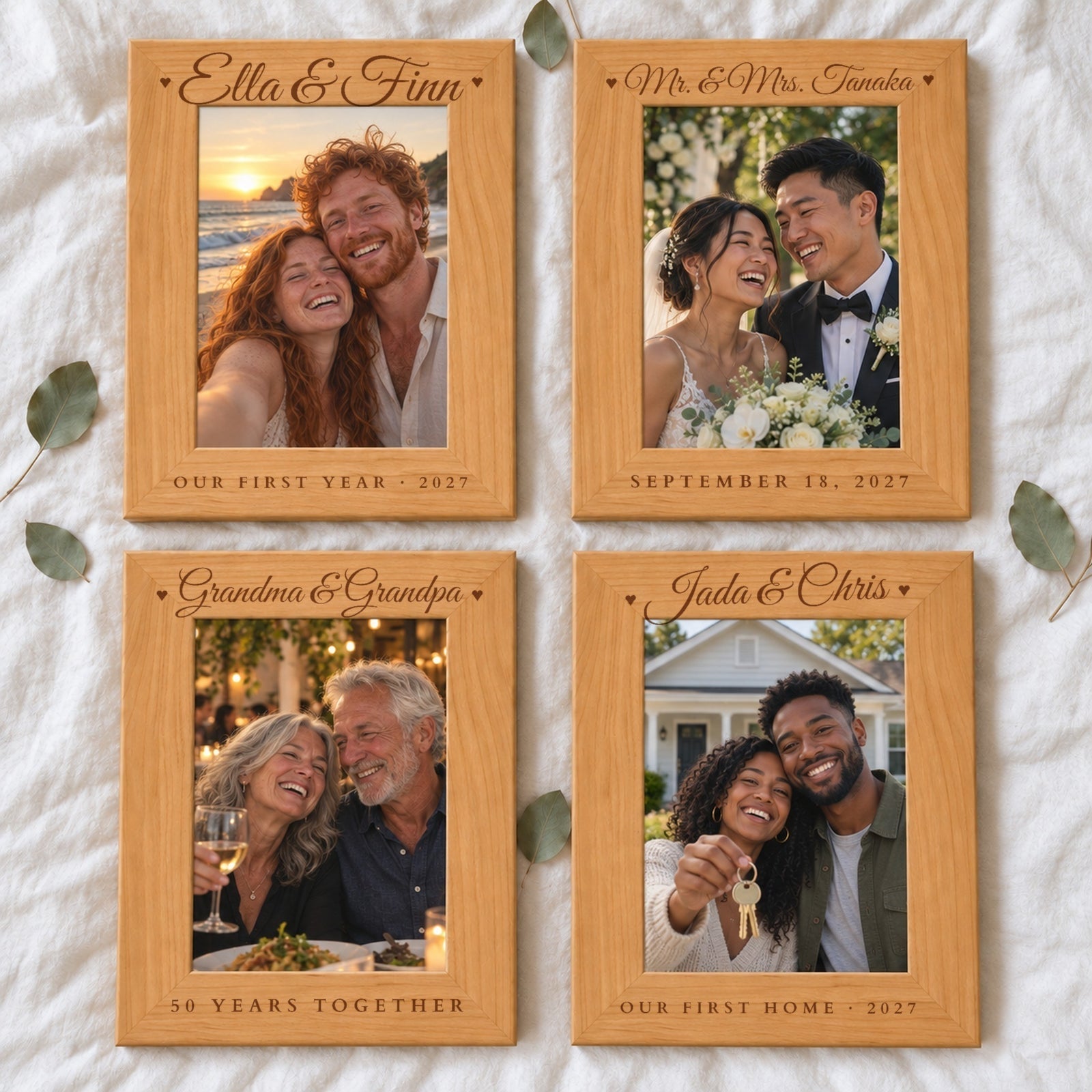 Four engraved couples picture frames: Our First Year 2027, Mr. & Mrs. Tanaka with a 2027 wedding date, Grandma & Grandpa 50 Years Together, Our First Home 2027